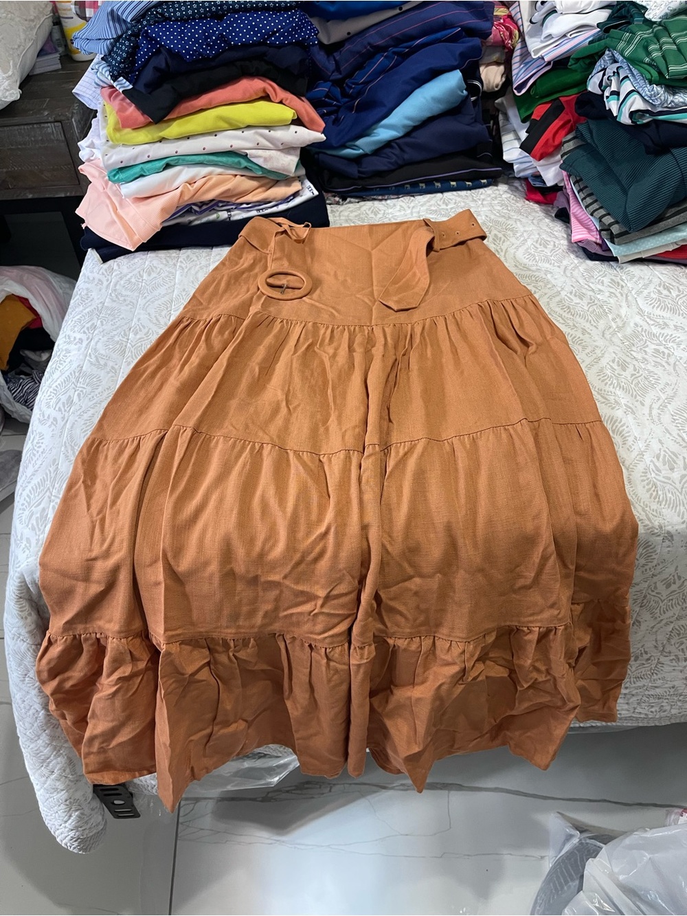 SUNCOO Burnt Orange Tiered Maxi Skirt with Belt Loop